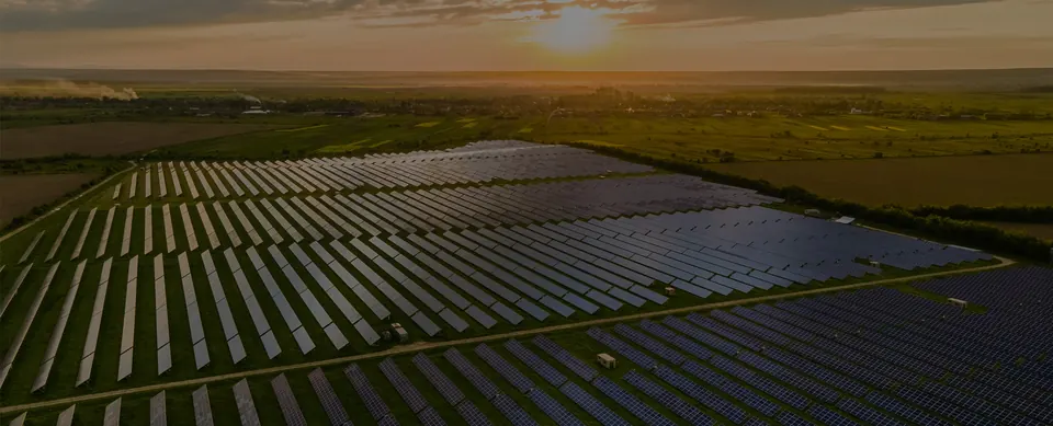 Bifacial panel için uygun arazi santrali, gün batımında güneş paneli sıraları